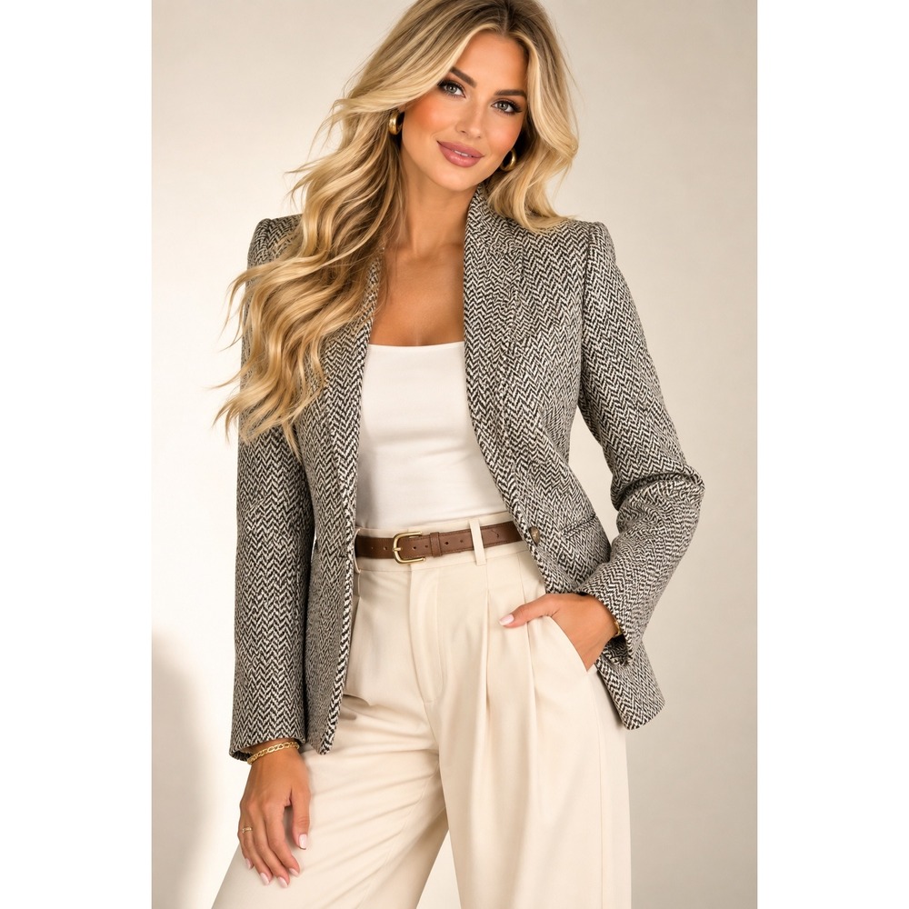 J.Crew Herringbone Blazer Womens 4 Black White Excellent Collarless Open Front
